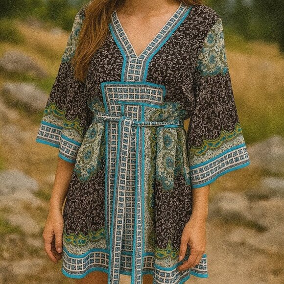 Boho-Chic Printed Tunic Dress with Tie Waist – Size 10 - Picture 1 of 5